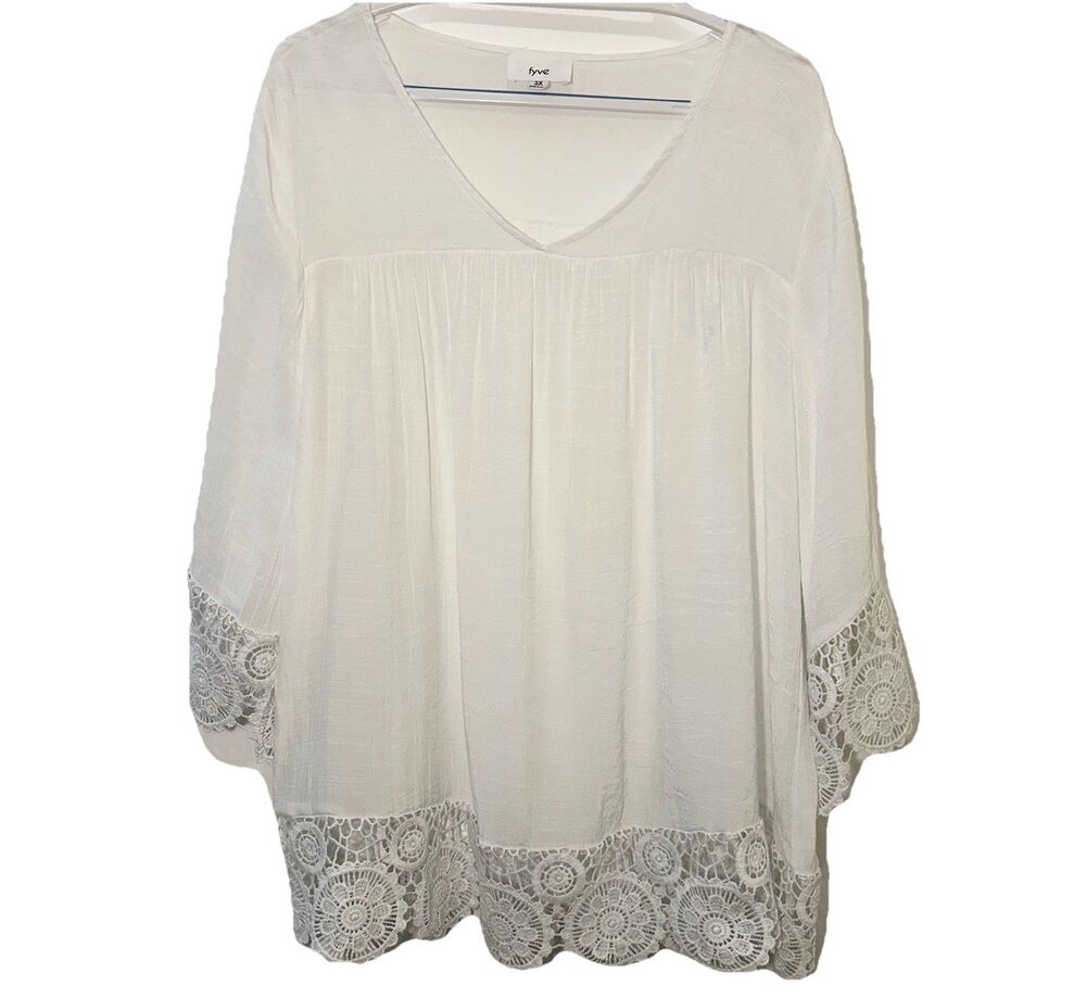 Fyve White Lace Trim Boho Tunic Top Women’s Plus Size 3X V-Neck Flowy